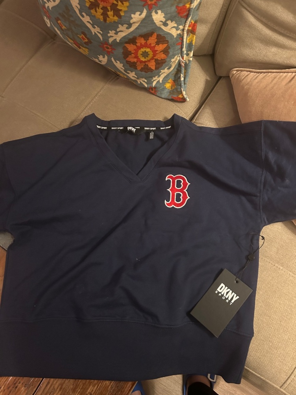 DKNY Navy V-Neck Long Sleeve Top with Red 'B' Chest Patch